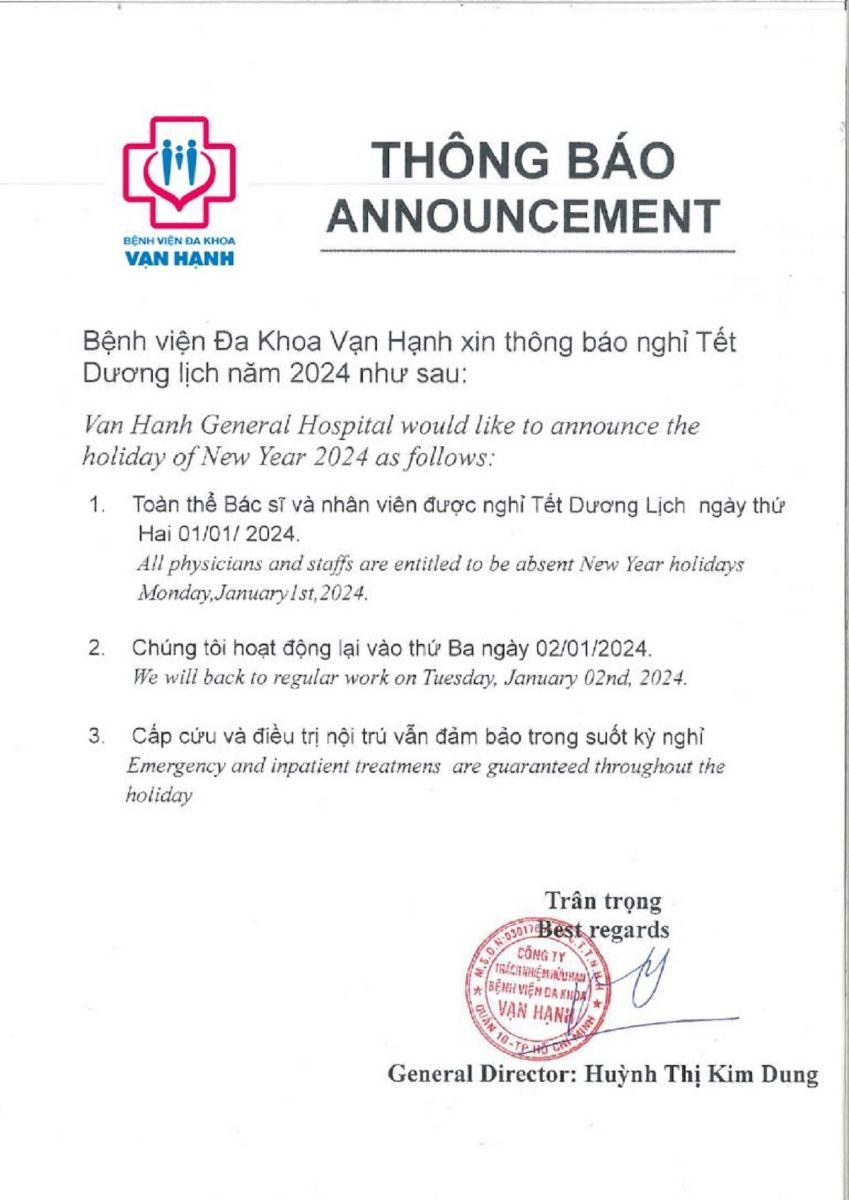 Bệnh viện Đa khoa Vạn Hạnh thông báo lịch nghỉ Tết Dương lịch 2024