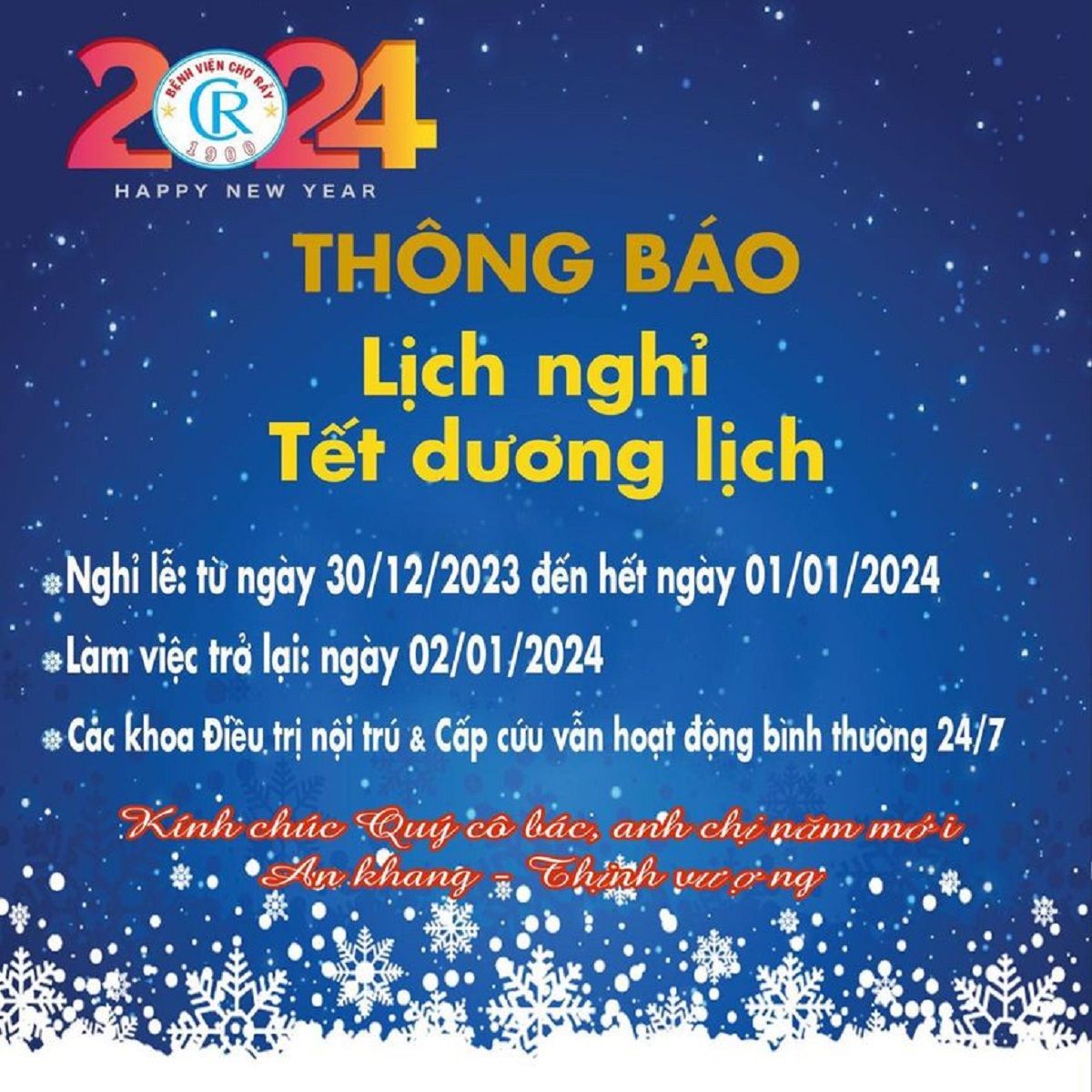 Lịch nghỉ Tết Dương lịch 2024 của Bệnh viện Chợ Rẫy