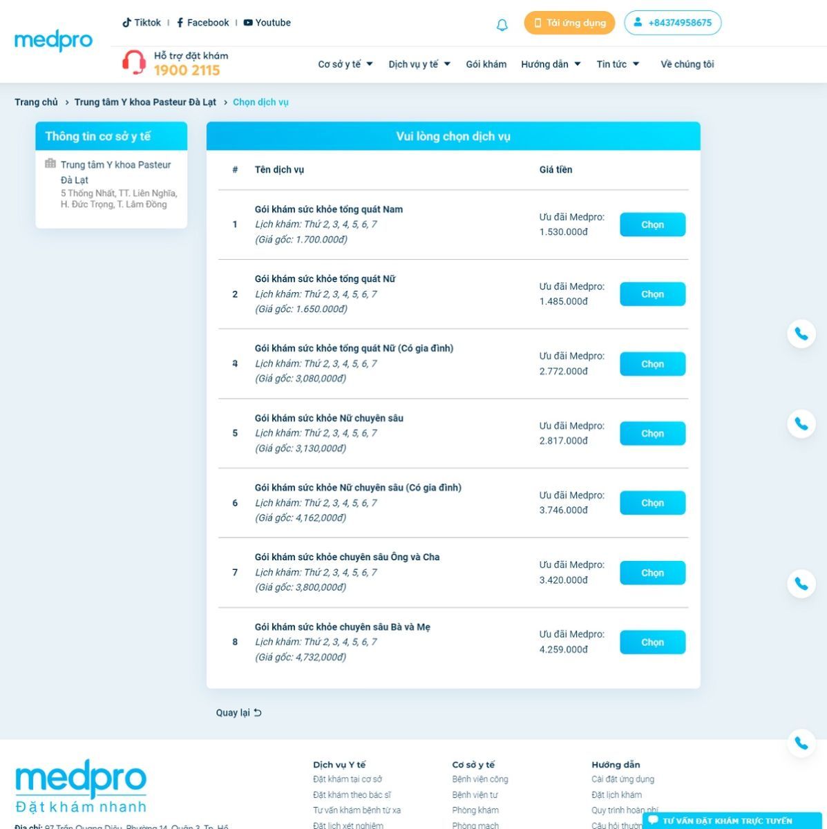Người dùng Medpro được ưu đãi các gói khám sức khỏe Y khoa Pasteur Đà Lạt